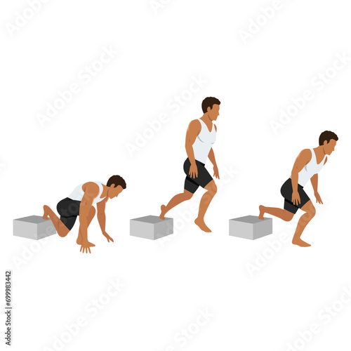 Man doing plyometric bulgarian split squat exercise. Flat vector illustration isolated on white background