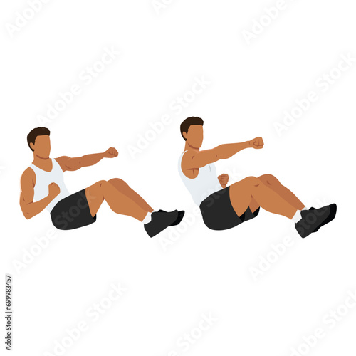 Man doing seated punches exercise. Flat vector illustration isolated on white background