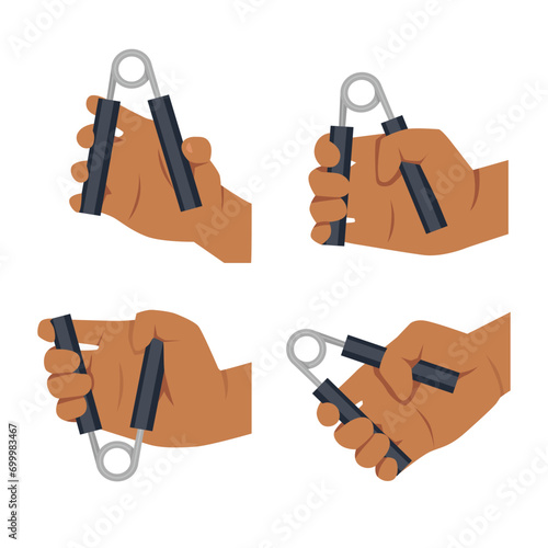 Man doing hand grip exercise set. Flat vector illustration isolated on white background