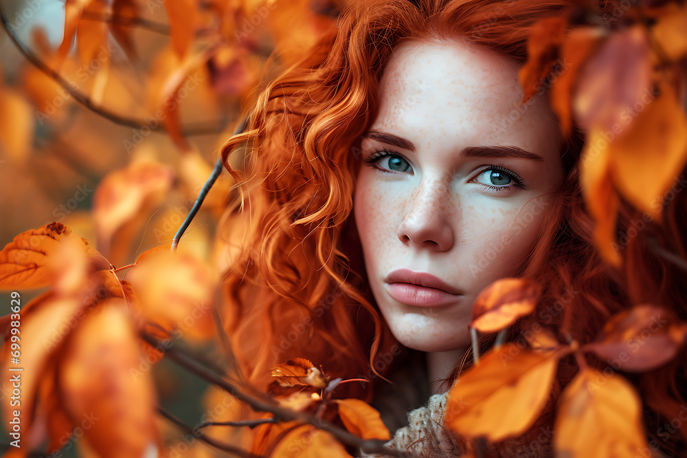 Captivating Image of an Attractive Redhead Woman, a Symbolic Muse Embodied in the Essence of the Autumn Season, Set Against a Seasonally Inspired Background Captivating Image of an Attractive Redhead Woman, a Symbolic Muse Embodied in the Essence of the Autumn Season, Set Against a Seasonally Inspired Background