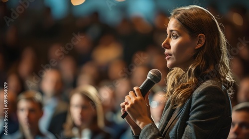 A female manager asks questions from the audience while attending a business seminar at the convention center.