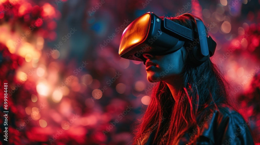 Girl uses virtual reality headset, universe sky game technology