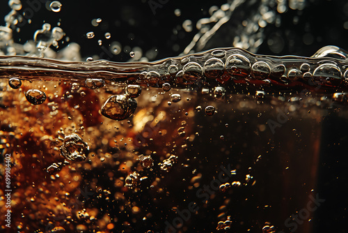 Capturing the Effervescent Explosion of Soda Water Bubbles Underwater Against a Dark Background. A Visual Symphony of Cola Liquid Texture Fizzing and Floating, Emanating Refreshing Carbonate Drink