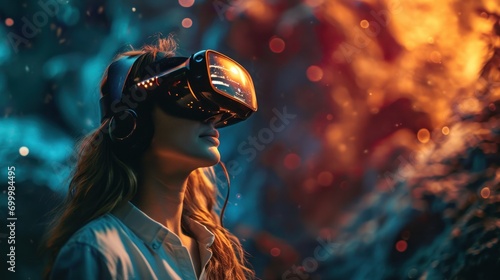 Girl uses virtual reality headset, universe sky game technology photo
