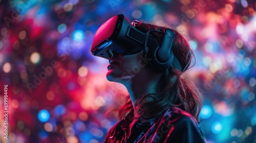 Girl uses virtual reality headset, universe sky game technology © sirisakboakaew