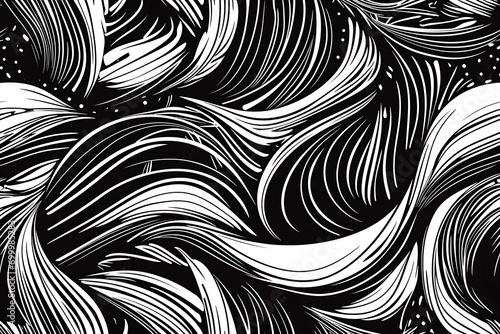 Seamless Vector Pattern with Wavy and Swirled Brush Strokes, Bold Curved Lines, and Squiggles. A Captivating Black and White Ornament for a Stylish and Modern Horizontal Banner or Wallpaper photo