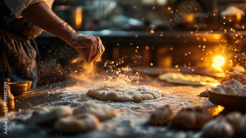 Pizza dough tossing technique by the chef photo