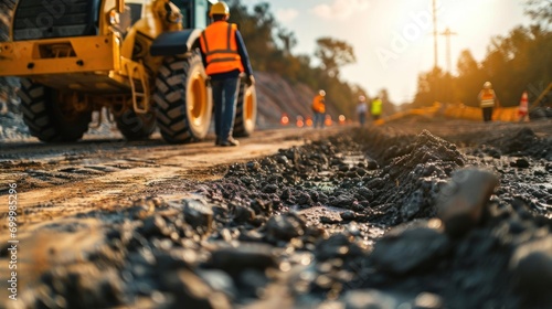 Road construction supervision team Civil engineers work at road construction sites to supervise new road construction