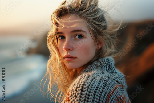 Sensual young blonde girl on the ocean coast, close-up portrait. Generative AI