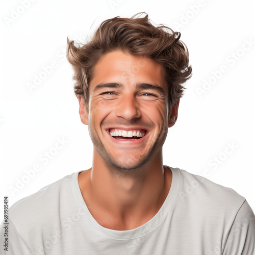 a professional portrait studio photo of a handsome young white american man model with perfect clean teeth laughing and smiling. isolated on white background. for ads and web design