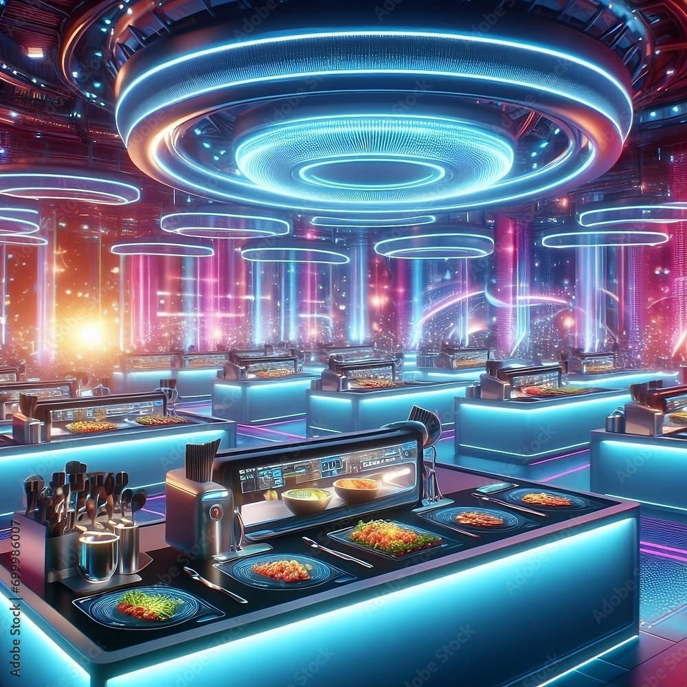 The image depicts a futuristic and modern kitchen setting, illuminated ...