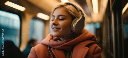 Young woman enjoying music on headphones during train commute. Urban lifestyle and technology. photo