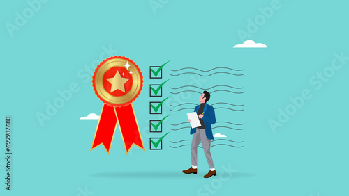 quality control concept vector illustration with people check product quality with set standard and quality icon. quality control or certified approval. product safety. guarantee checklist document