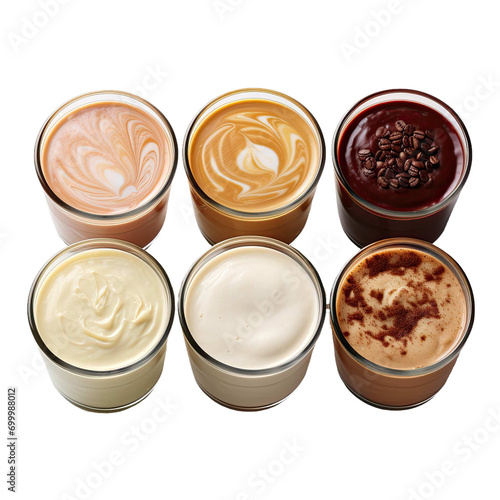 Multiple Glasses of Different types of Colorful Coffee Isolated on Transparent Background