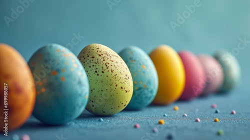 Easter colored eggs stand vertically on a blue background