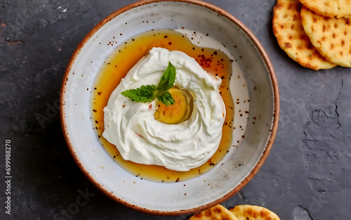 Capture the essence of Labneh in a mouthwatering food photography shot photo