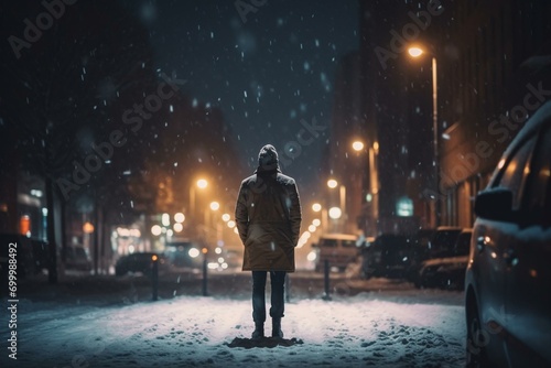 A pedestrian walking through snowy conditions during the night time. Generative AI