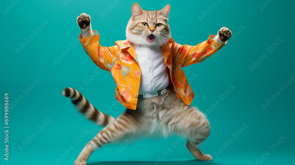 Obraz na płótnie happy cat wearing colorful clothes dancing w salonie