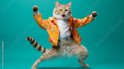 happy cat wearing colorful clothes dancing