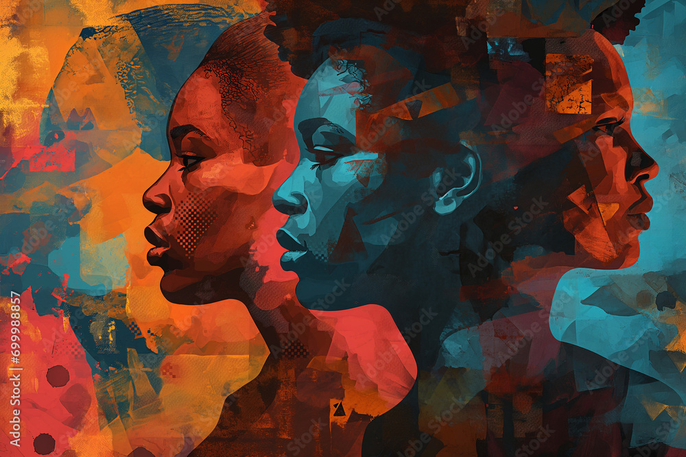 custom made wallpaper toronto digitalArtistic graphic design with profiles of individuals, celebrating cultural diversity for Black History Month.