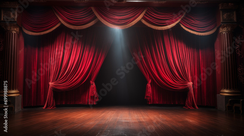 red stage curtains with spotlight. magic show