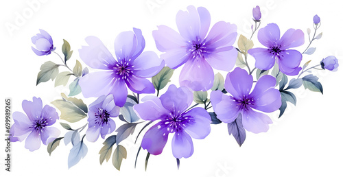 Watercolor purple floral violets bouquet collection isolated on white background for clip art. Birthday, Valentine’s Day love and friendship, forget me not emotion floral banner for copy space by Vita