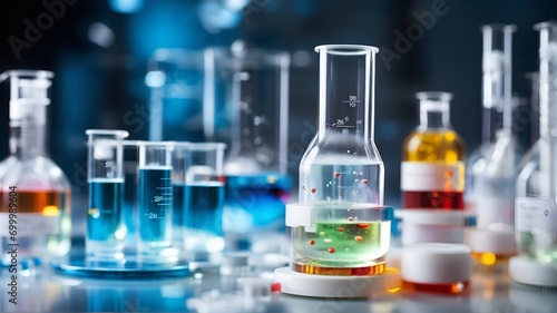 chemical test tubes on a clean and tidy table, bright light blue lighting, laboratory background. photo