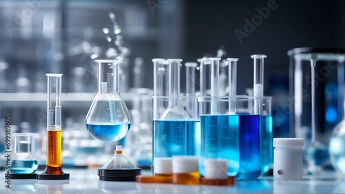 chemical test tubes on a clean and tidy table, bright light blue lighting, laboratory background.