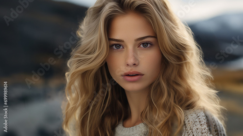 An outdoor portrait of a blond Icelandic woman with blond hair. A model highlighting skin care  cosmetics  and hair care.