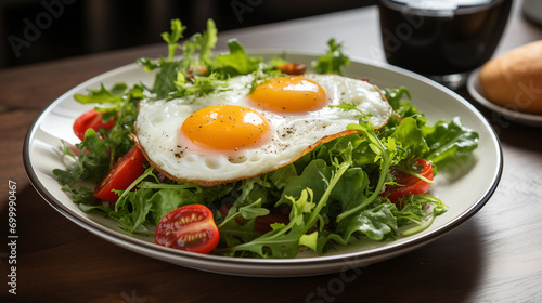 Fried eggs with bacon and fresh vegetables on the plate, soft focus background © lisssbetha