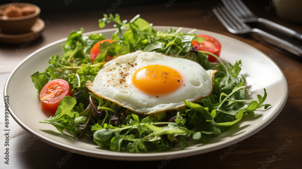 Fried eggs with bacon and fresh vegetables on the plate, soft focus background Fried eggs with bacon and fresh vegetables on the plate, soft focus background
