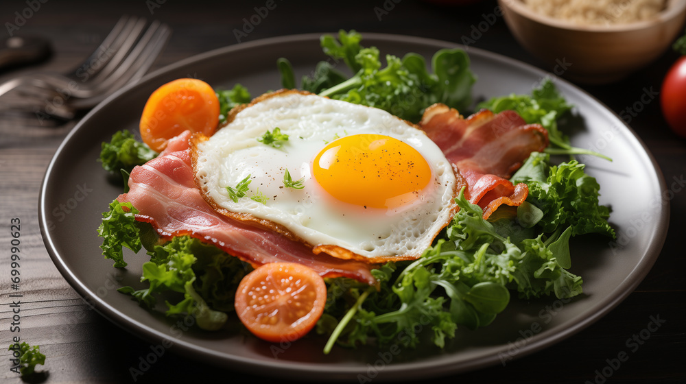 Fried eggs with bacon and fresh vegetables on the plate, soft focus background Fried eggs with bacon and fresh vegetables on the plate, soft focus background
