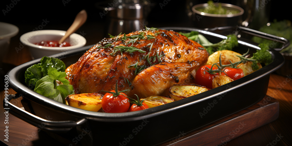 honey glazed barbecued chicken on a silver tray roasted with whole boked chicken potato Delicious grilled chicken with various vegetables ready to eat.AI Generative - obrazy, fototapety, plakaty 