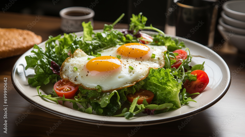 Fried eggs with bacon and fresh vegetables on the plate, soft focus background Fried eggs with bacon and fresh vegetables on the plate, soft focus background