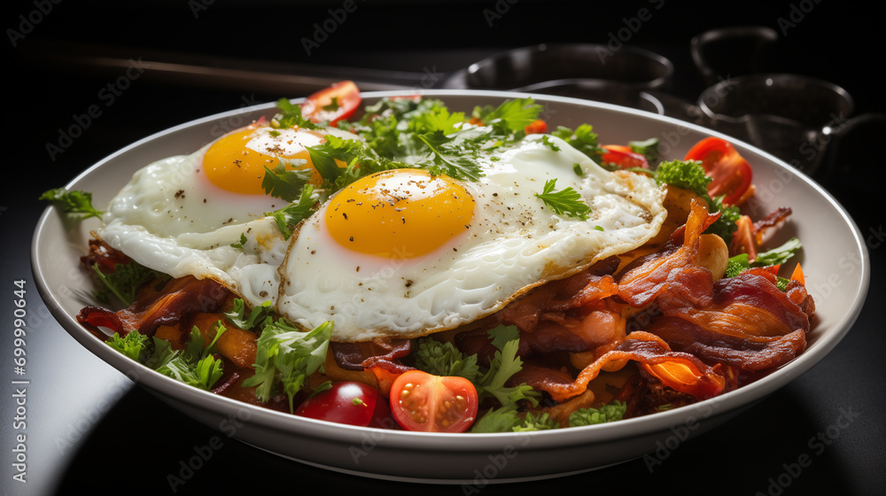 Fried eggs with bacon and fresh vegetables on the plate, soft focus background Fried eggs with bacon and fresh vegetables on the plate, soft focus background