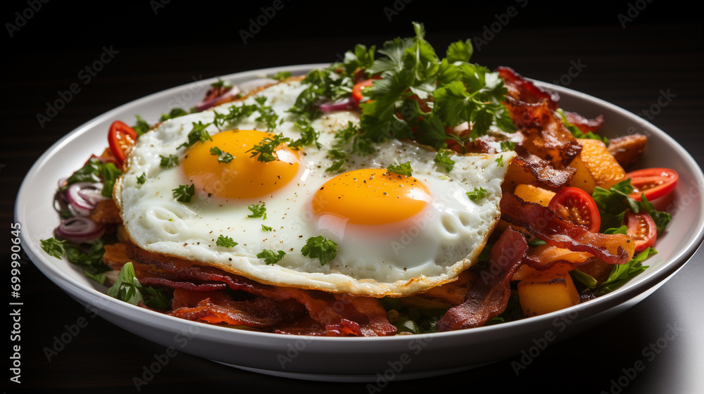 Fried eggs with bacon and fresh vegetables on the plate, soft focus background Fried eggs with bacon and fresh vegetables on the plate, soft focus background