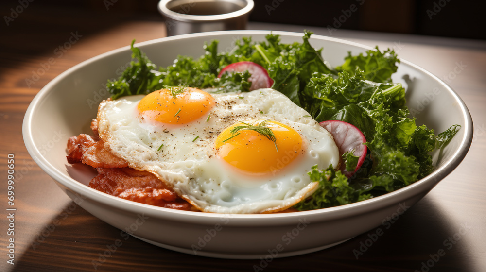 Fried eggs with bacon and fresh vegetables on the plate, soft focus background Fried eggs with bacon and fresh vegetables on the plate, soft focus background