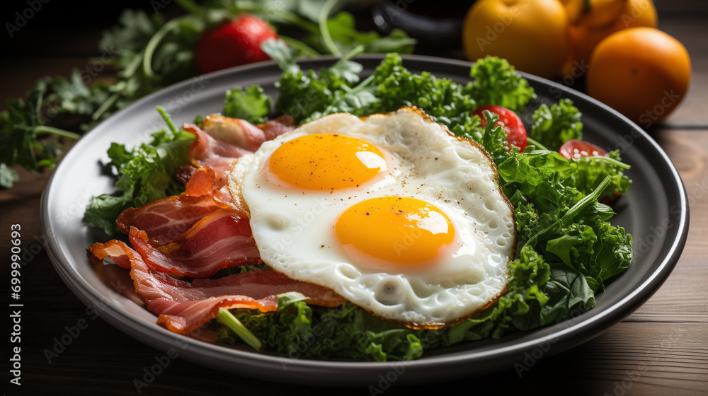 Fried eggs with bacon and fresh vegetables on the plate, soft focus background Fried eggs with bacon and fresh vegetables on the plate, soft focus background