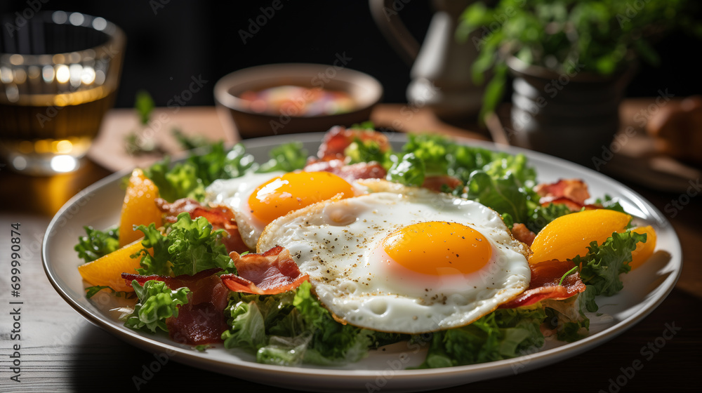 Fried eggs with bacon and fresh vegetables on the plate, soft focus background Fried eggs with bacon and fresh vegetables on the plate, soft focus background