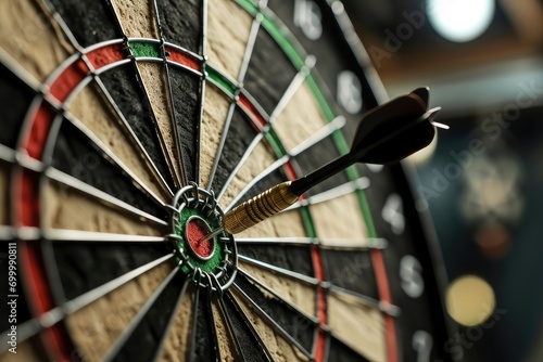 Dart arrow hitting in the target center of dartboard, show that business success concept