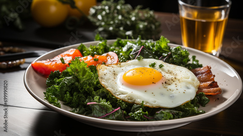 Fried eggs with bacon and fresh vegetables on the plate, soft focus background