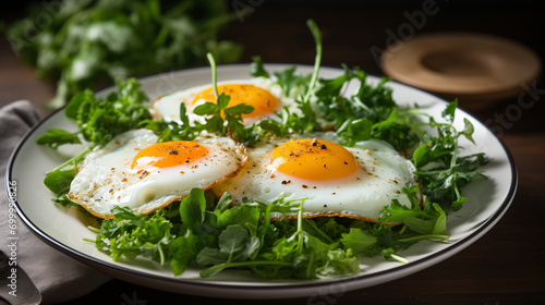 Fried eggs with bacon and fresh vegetables on the plate  soft focus background