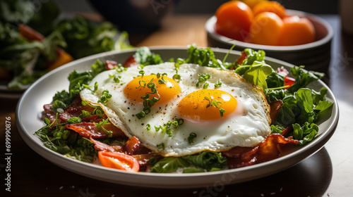 Fried eggs with bacon and fresh vegetables on the plate, soft focus background