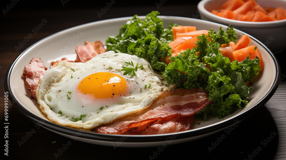 Fried eggs with bacon and fresh vegetables on the plate, soft focus background Fried eggs with bacon and fresh vegetables on the plate, soft focus background