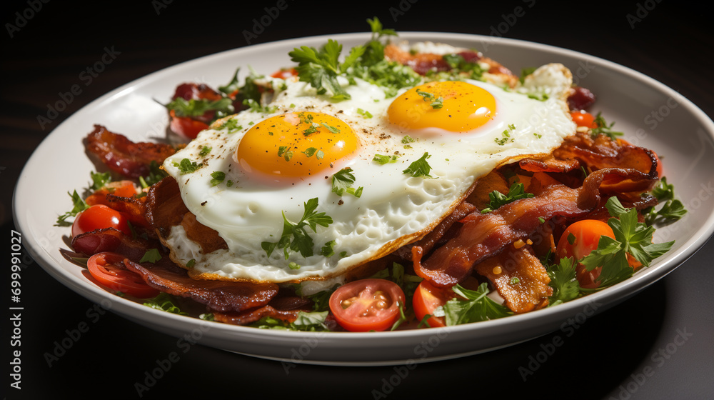 Fried eggs with bacon and fresh vegetables on the plate, soft focus background