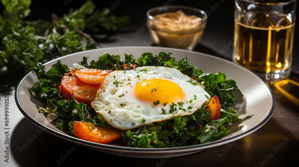 Fried eggs with bacon and fresh vegetables on the plate, soft focus background Fried eggs with bacon and fresh vegetables on the plate, soft focus background
