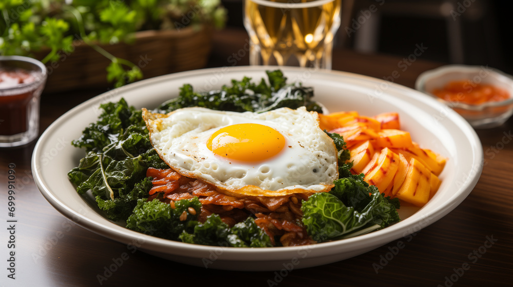 Fried eggs with bacon and fresh vegetables on the plate, soft focus background Fried eggs with bacon and fresh vegetables on the plate, soft focus background