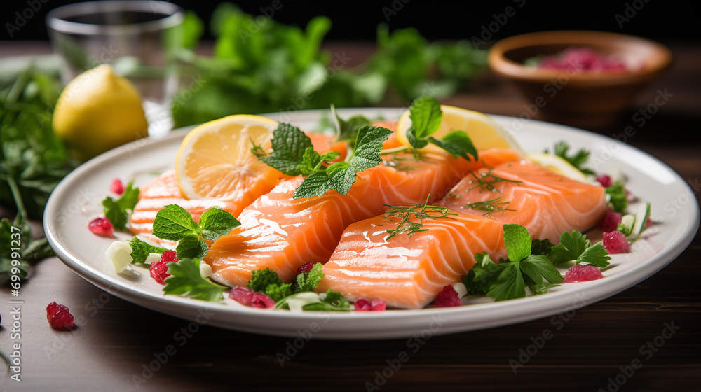 Cooked piece of salmon with fresh vegetables and greenery, soft focus background Cooked piece of salmon with fresh vegetables and greenery, soft focus background