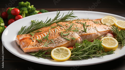 Cooked piece of salmon with fresh vegetables and greenery, soft focus background