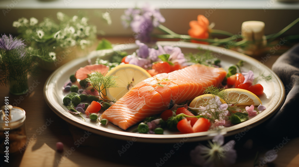 Cooked piece of salmon with fresh vegetables and greenery, soft focus background Cooked piece of salmon with fresh vegetables and greenery, soft focus background